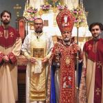 Archbishop Hovnan Derderian with Fr. Mesrop Ash, Grant Hillman, and Daniel Koloyian