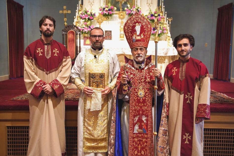Archbishop Hovnan Derderian with Fr. Mesrop Ash, Grant Hillman, and Daniel Koloyian Archbishop Hovnan Derderian with Fr. Mesrop Ash, Grant Hillman, and Daniel Koloyian