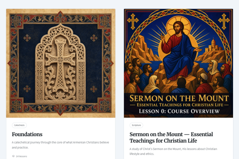 St. John Learning course catalog showing Foundations and Sermon on the Mount — Essential Teachings for Christian Life.